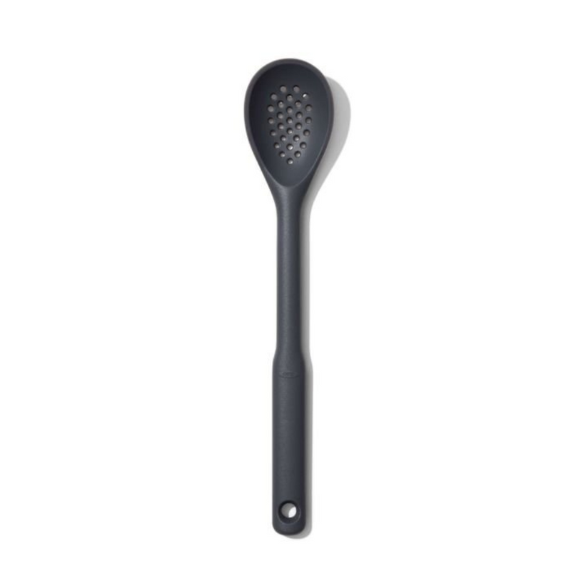OXO Good Grips Silicone Slotted Spoon with black silicone head and soft non-slip handle.