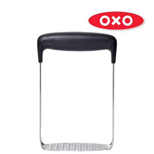 OXO Good Grips Smooth Potato Masher with fine stainless steel plate and soft non-slip handle for lump-free mashing.