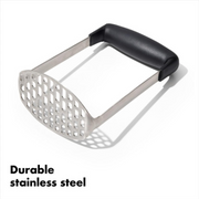 OXO Good Grips Smooth Potato Masher with fine stainless steel plate and soft non-slip handle for lump-free mashing.