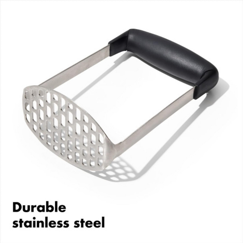 OXO Good Grips Smooth Potato Masher with fine stainless steel plate and soft non-slip handle for lump-free mashing.