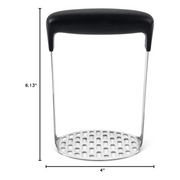 OXO Good Grips Smooth Potato Masher with fine stainless steel plate and soft non-slip handle for lump-free mashing.