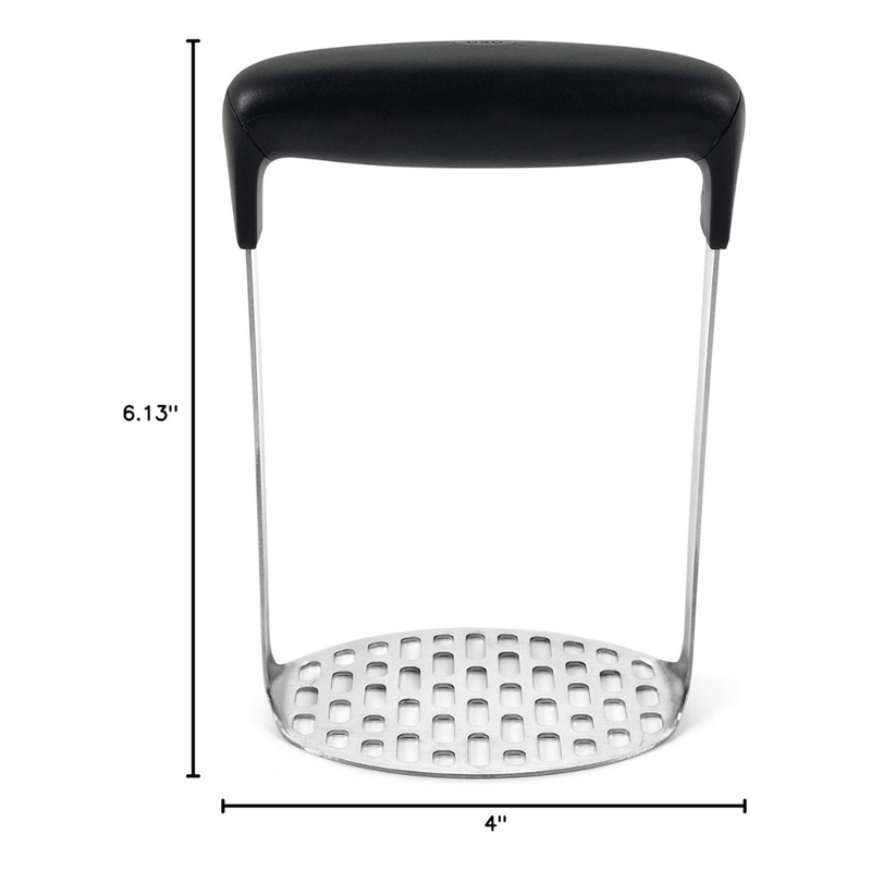 OXO Good Grips Smooth Potato Masher with fine stainless steel plate and soft non-slip handle for lump-free mashing.