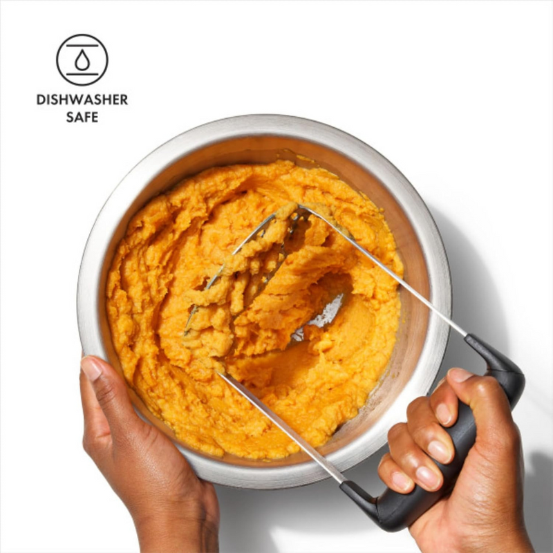 OXO Good Grips Smooth Potato Masher with fine stainless steel plate and soft non-slip handle for lump-free mashing.