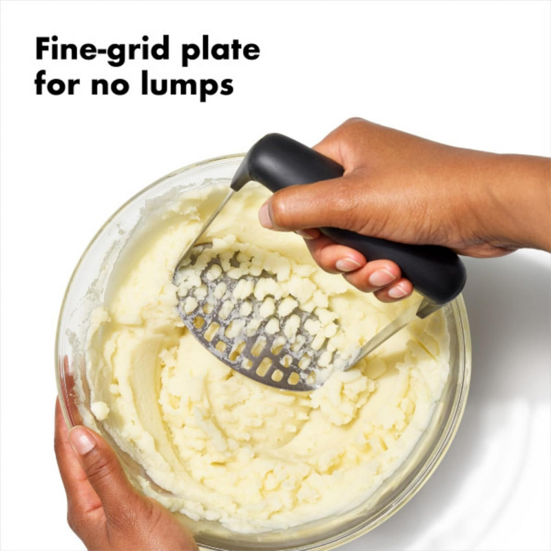 OXO Good Grips Smooth Potato Masher with fine stainless steel plate and soft non-slip handle for lump-free mashing.