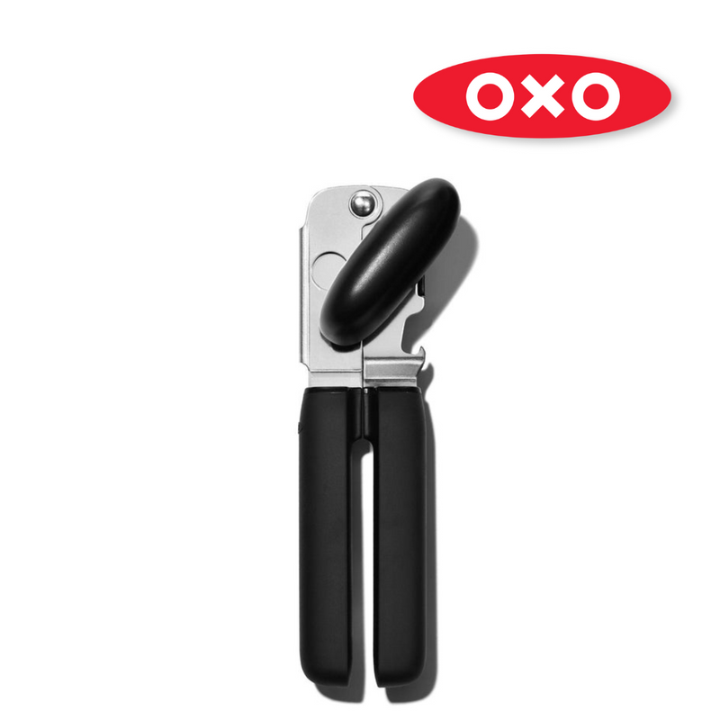 OXO Good Grips Soft-Handled Can Opener with black handles and stainless steel cutting wheels