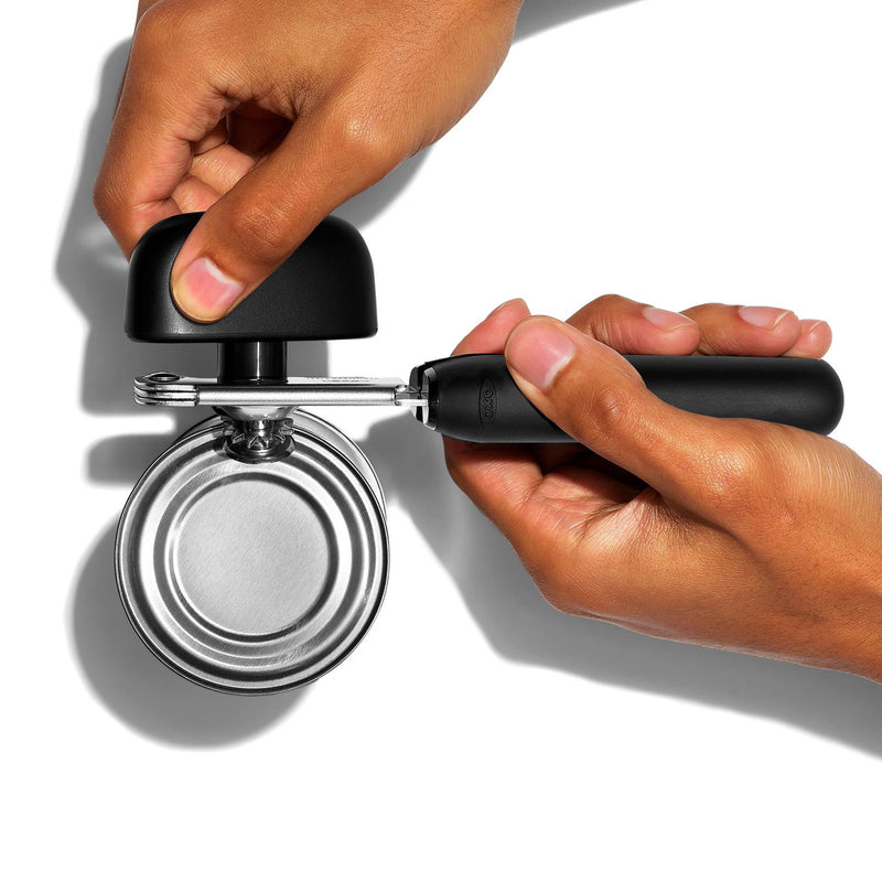 OXO Good Grips Soft-Handled Can Opener with black handles and stainless steel cutting wheels