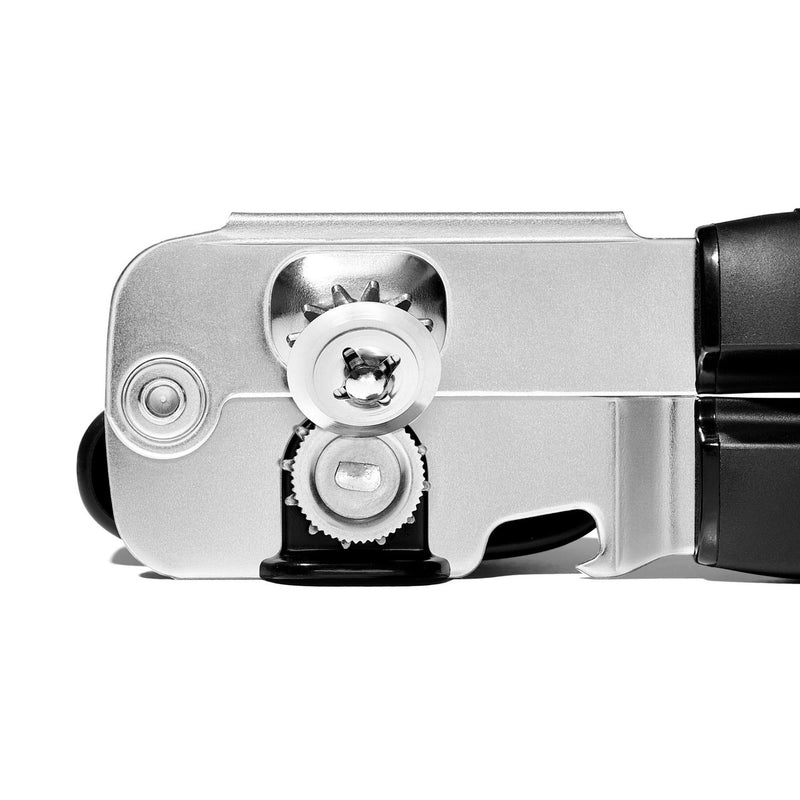 OXO Good Grips Soft-Handled Can Opener with black handles and stainless steel cutting wheels
