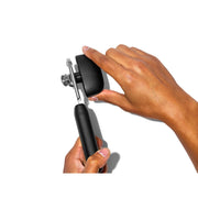 OXO Good Grips Soft-Handled Can Opener with black handles and stainless steel cutting wheels