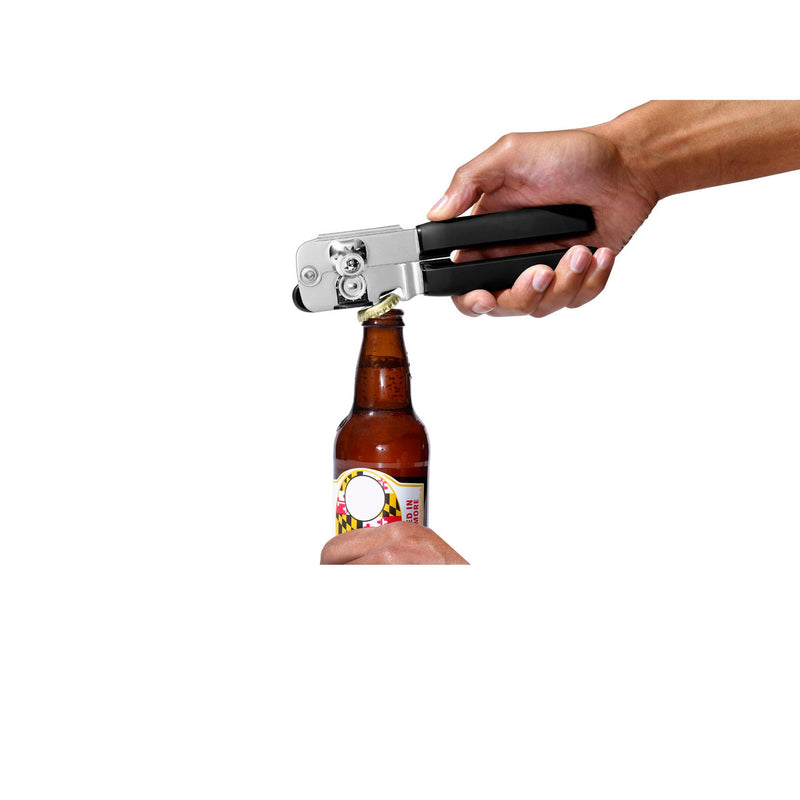 OXO Good Grips Soft-Handled Can Opener with black handles and stainless steel cutting wheels