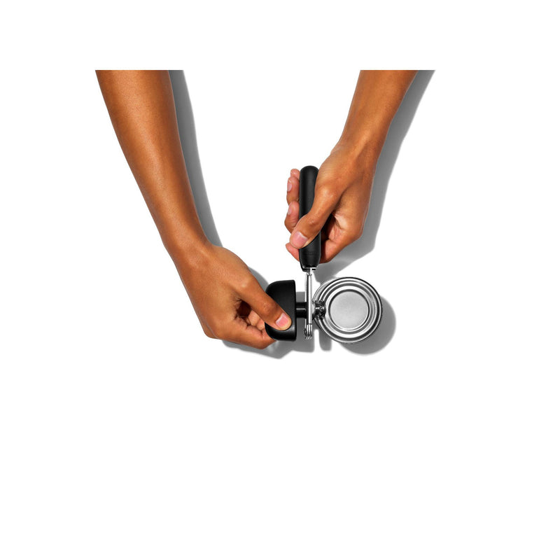 OXO Good Grips Soft-Handled Can Opener with black handles and stainless steel cutting wheels