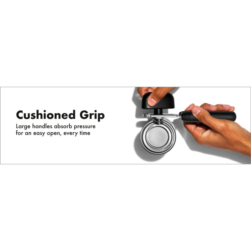 OXO Good Grips Soft-Handled Can Opener with black handles and stainless steel cutting wheels