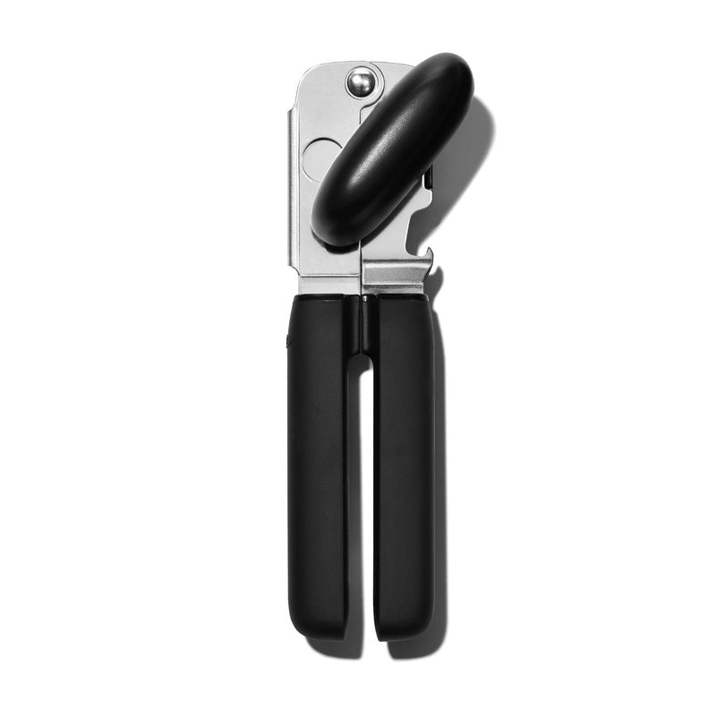 OXO Good Grips Soft-Handled Can Opener with black handles and stainless steel cutting wheels