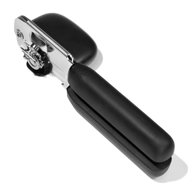 OXO Good Grips Soft-Handled Can Opener with black handles and stainless steel cutting wheels