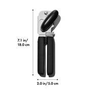 OXO Good Grips Soft-Handled Can Opener with black handles and stainless steel cutting wheels