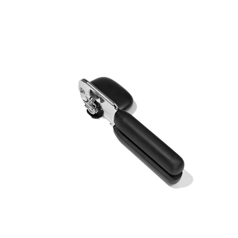 OXO Good Grips Soft-Handled Can Opener with black handles and stainless steel cutting wheels