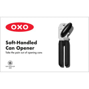OXO Good Grips Soft-Handled Can Opener with black handles and stainless steel cutting wheels