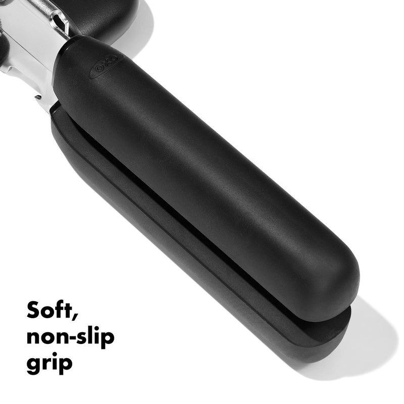 OXO Good Grips Soft-Handled Can Opener with black handles and stainless steel cutting wheels