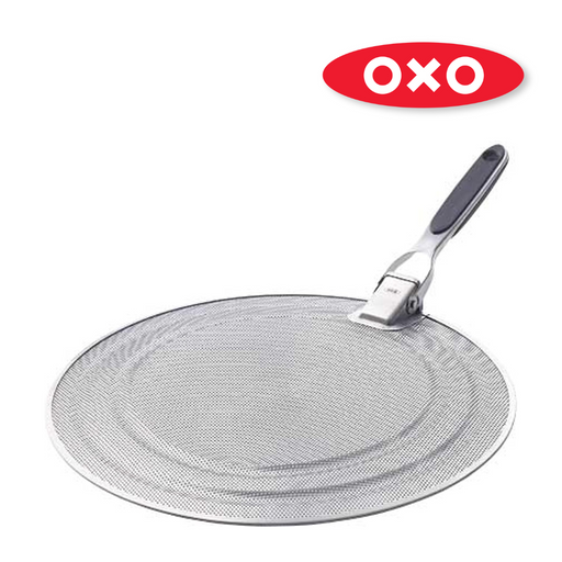 OXO Good Grips Splatter Screen with fine stainless steel mesh and foldable non-slip handle.