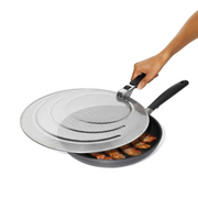 OXO Good Grips Splatter Screen with fine stainless steel mesh and foldable non-slip handle.