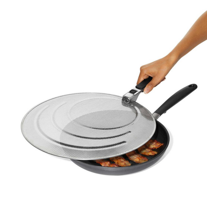 OXO Good Grips Splatter Screen with fine stainless steel mesh and foldable non-slip handle.