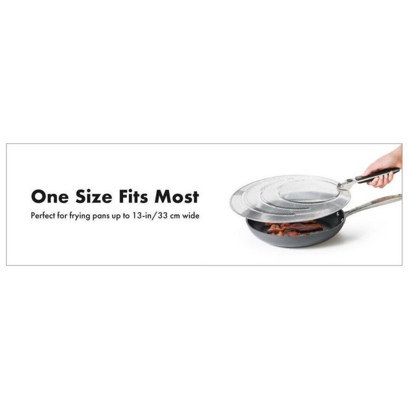 OXO Good Grips Splatter Screen with fine stainless steel mesh and foldable non-slip handle.