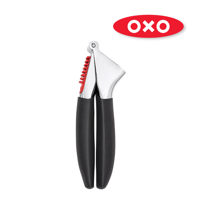 OXO Good Grips Garlic Press with black handles and silver press chamber