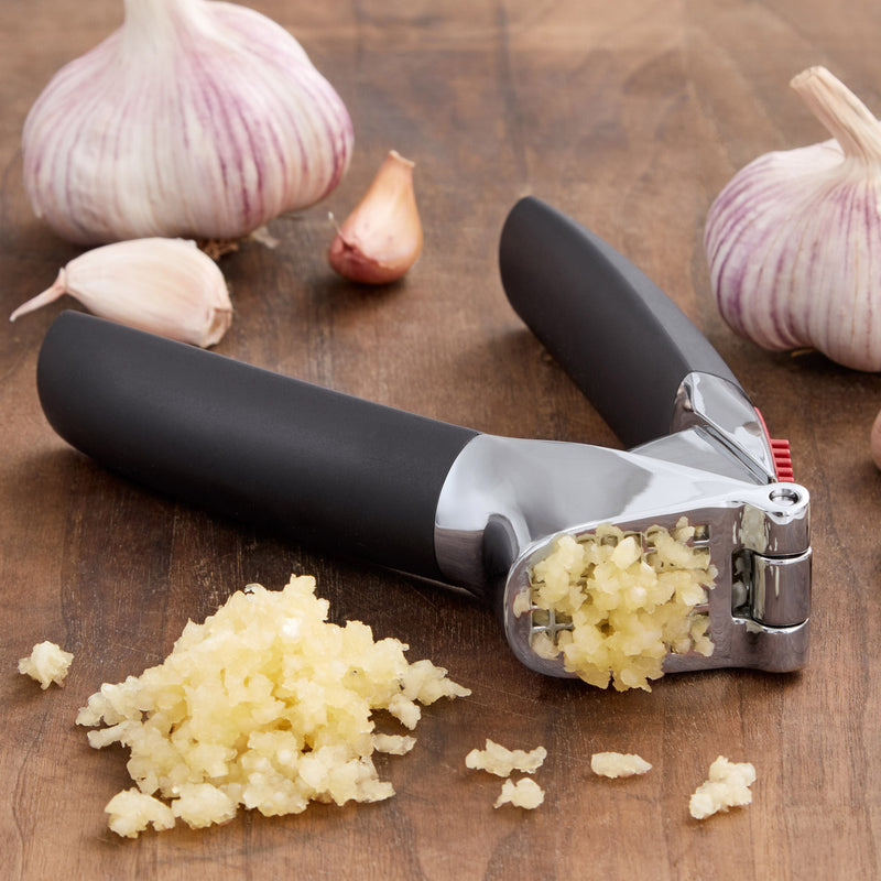 OXO Good Grips Garlic Press with black handles and silver press chamber