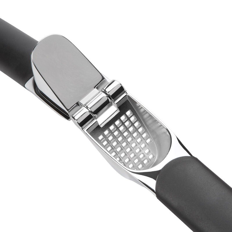 OXO Good Grips Garlic Press with black handles and silver press chamber