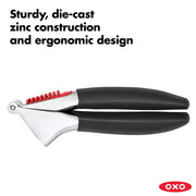 OXO Good Grips Garlic Press with black handles and silver press chamber