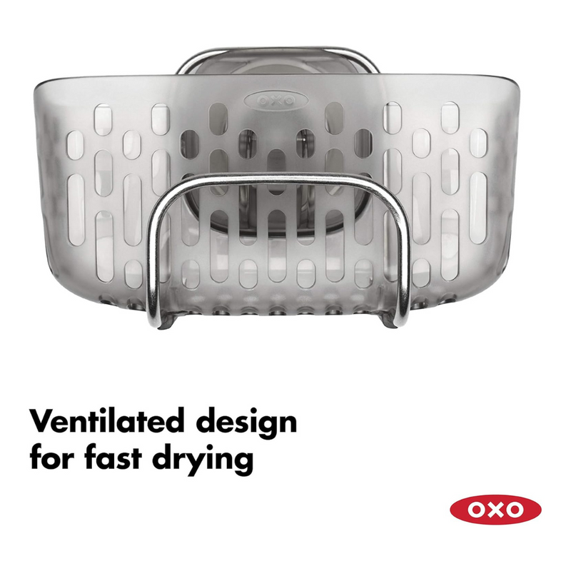 OXO Good Grips Stronghold Suction Sink Caddy attached to sink wall