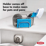OXO Good Grips Stronghold Suction Sink Caddy attached to sink wall