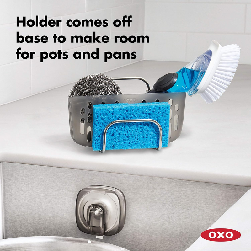 OXO Good Grips Stronghold Suction Sink Caddy attached to sink wall