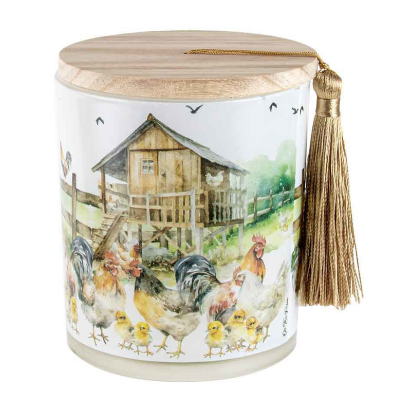 Ronis On The Farm Chicken Candle With Wood Lid and Tassel 10x13cm