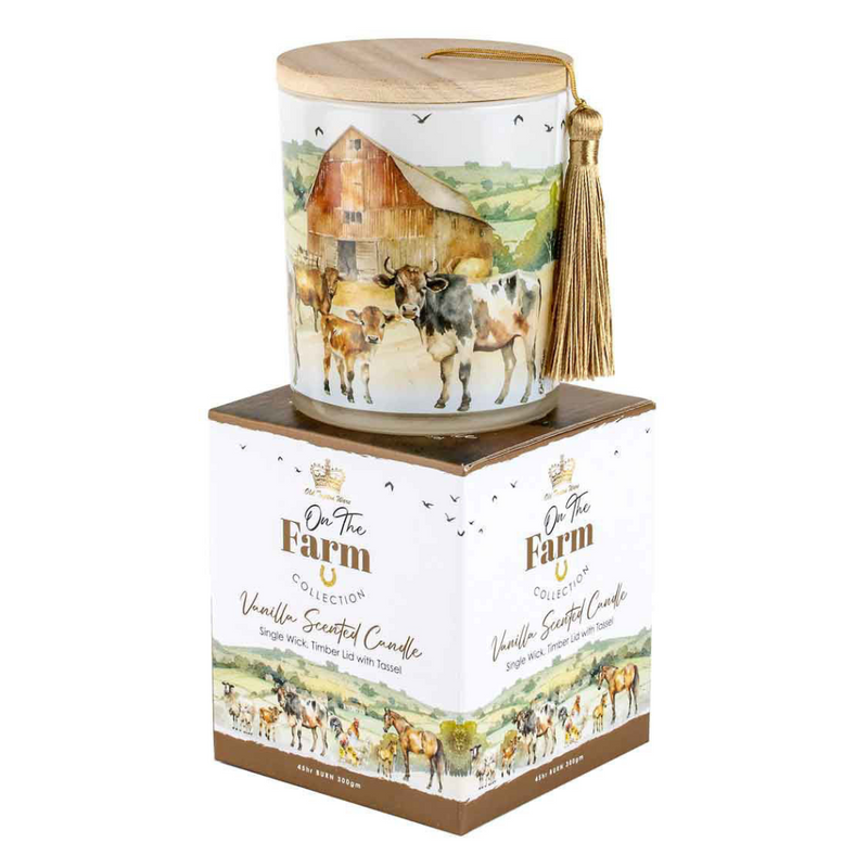 Ronis On The Farm Cow Candle With Wood Lid and Tassel 10x13cm