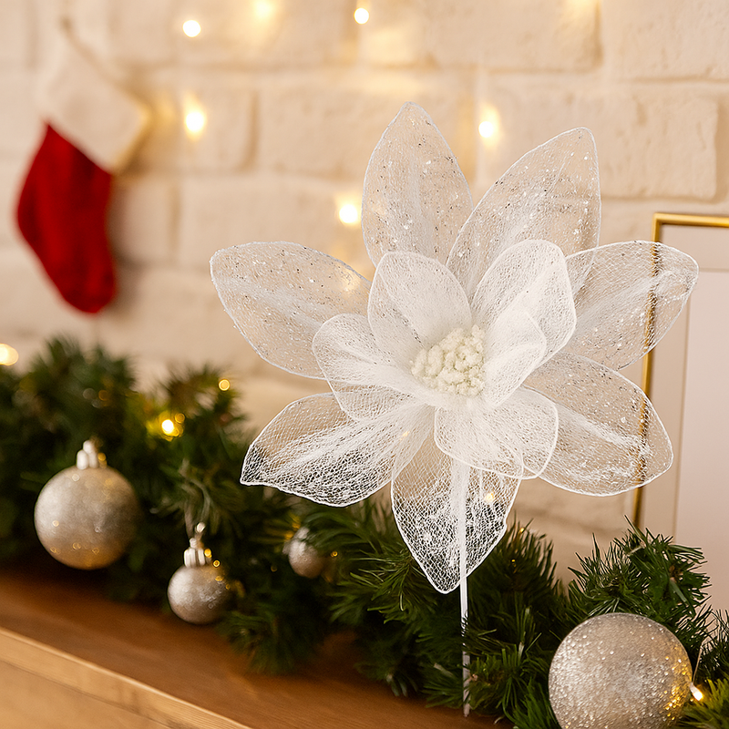 White organza poinsettia stem 45cm Christmas decoration