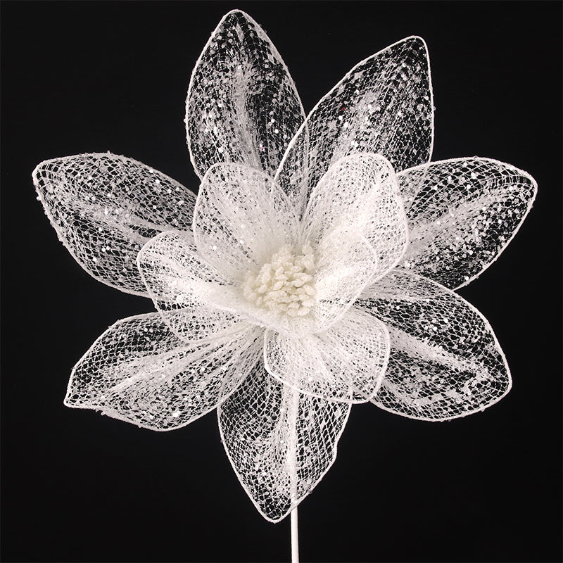 White organza poinsettia stem 45cm Christmas decoration