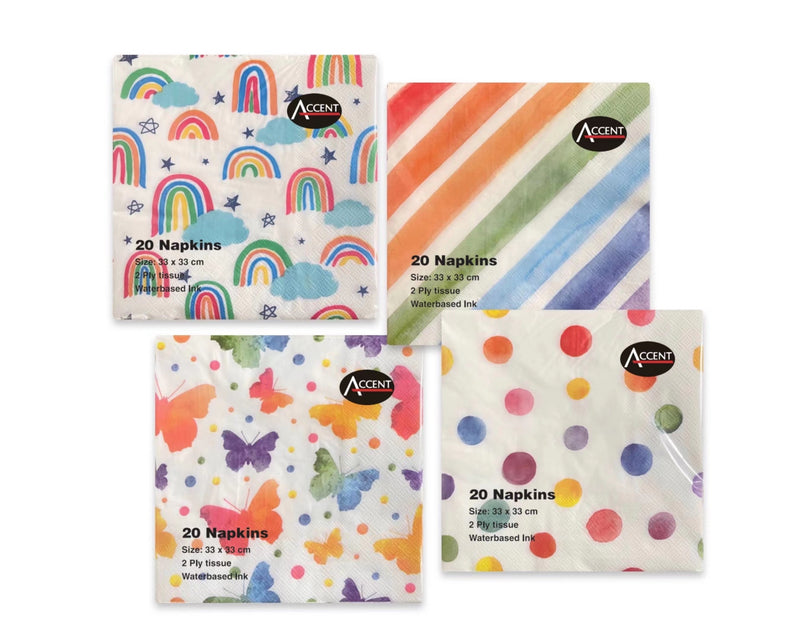 Rainbow assorted 2 ply napkins pack of 20, 33 x 33 cm