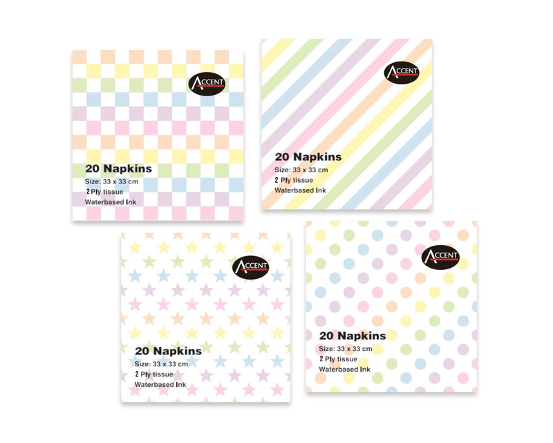 Assorted 2 ply napkins with dots, stars, gingham and stripe prints