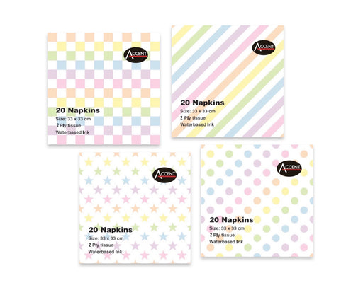 Assorted 2 ply napkins with dots, stars, gingham and stripe prints