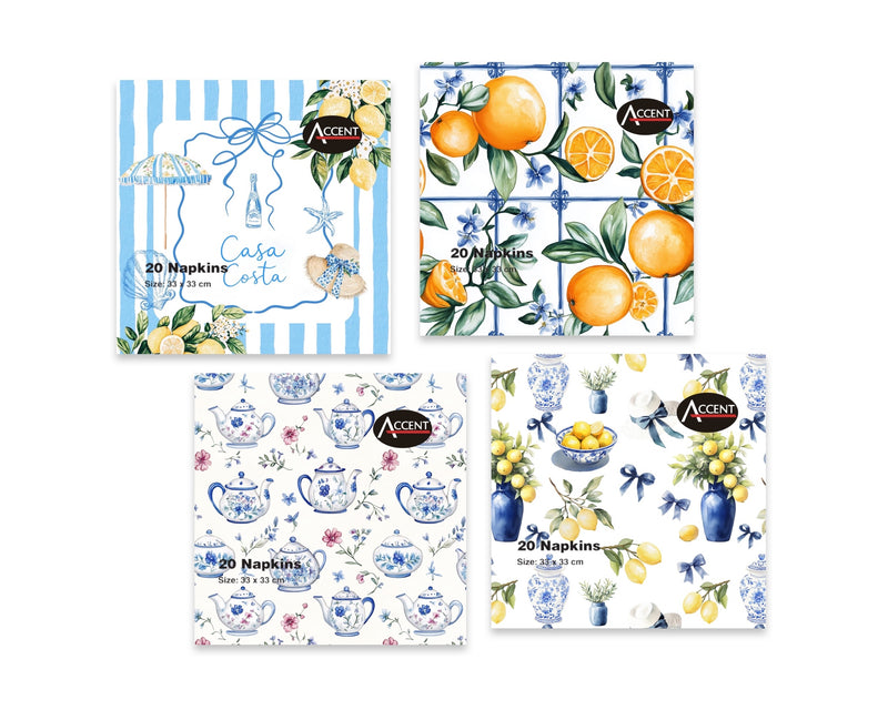 Casa Costa assorted 2 ply napkins pack of 20 measuring 33 x 33 cm
