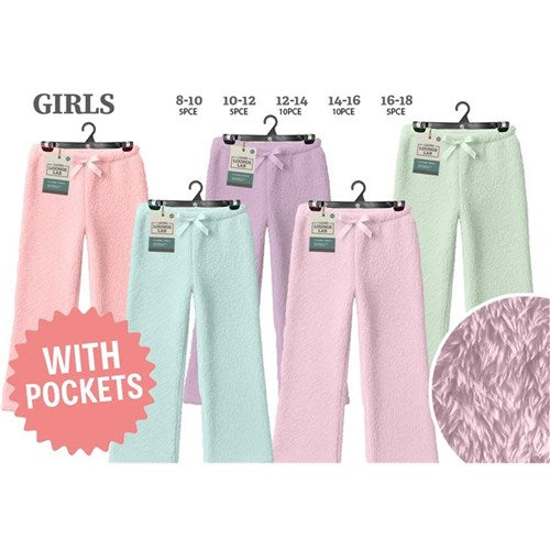 Girls long plush PJ pants with pockets in assorted designs, offering soft, cosy comfort for sleep and relaxing at home.