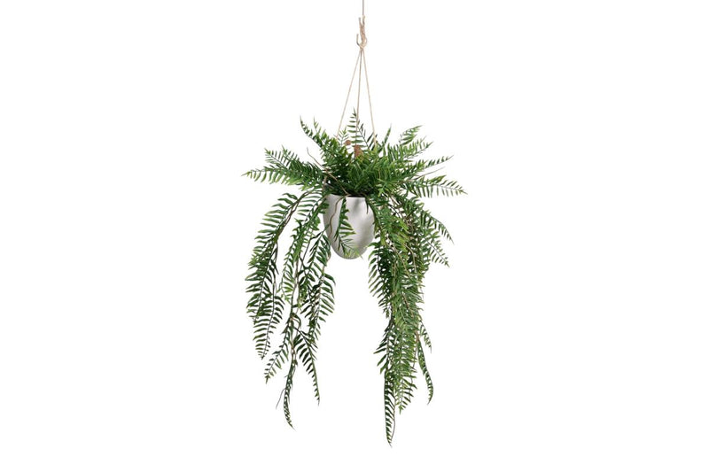 Artificial hanging fern in white planter 80cm