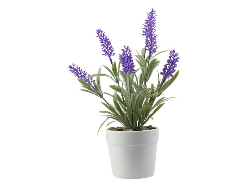 Artificial lavender plant in white pot