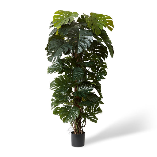Tall artificial green monstera totem plant in pot