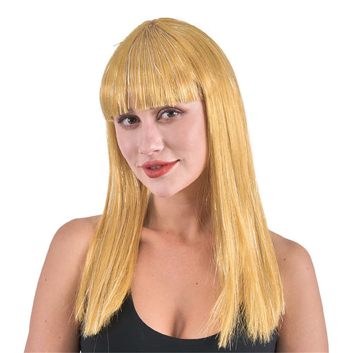 Long gold wig for glamorous costume wear