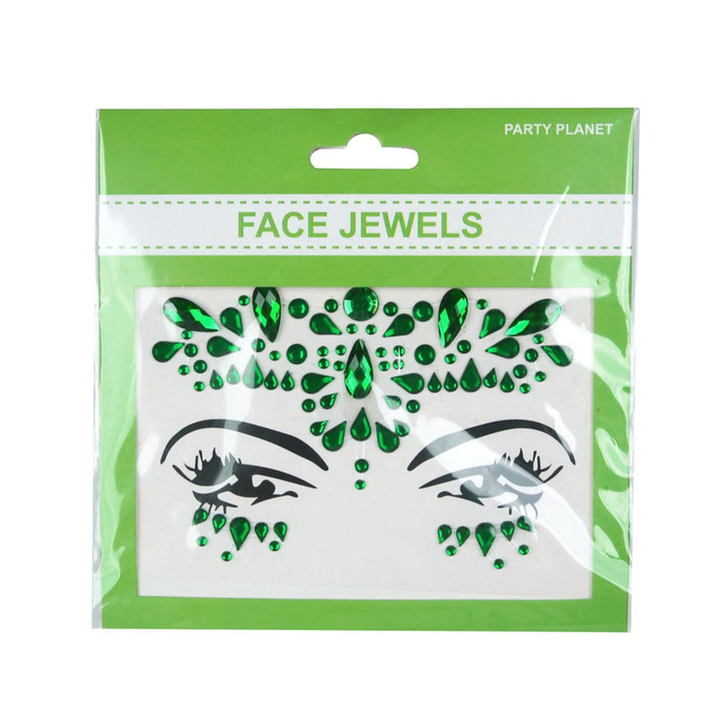 Sparkling emerald-toned adhesive facial gems for festivals and costumes