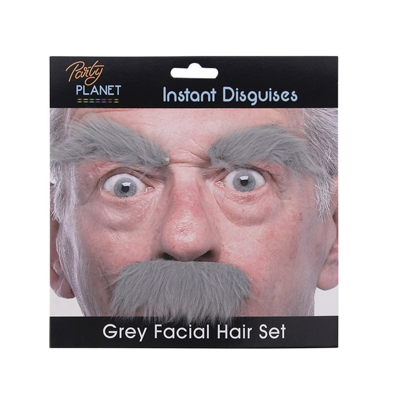 Grey stick on eyebrows and moustache set