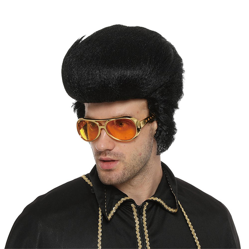 Black pompadour rock and roll wig