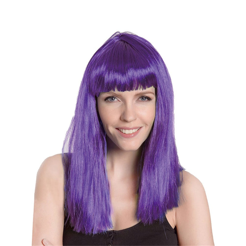 Long purple synthetic costume wig