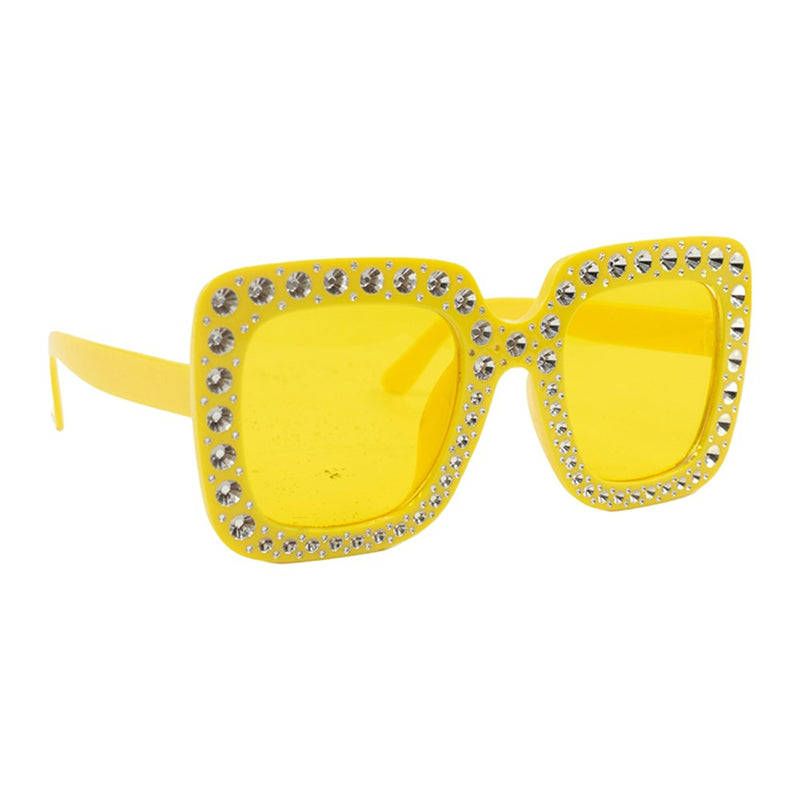 Golden colored novelty eyewear encrusted with sparkling faux jewels